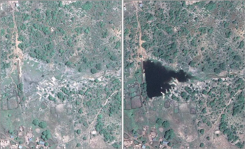 Satellite image of a micro-dam in Sanga, Burkina Faso just before the first rains (left image captured at 25 May 2009) and shortly after the first rains (right image captured at 5 June 2009)